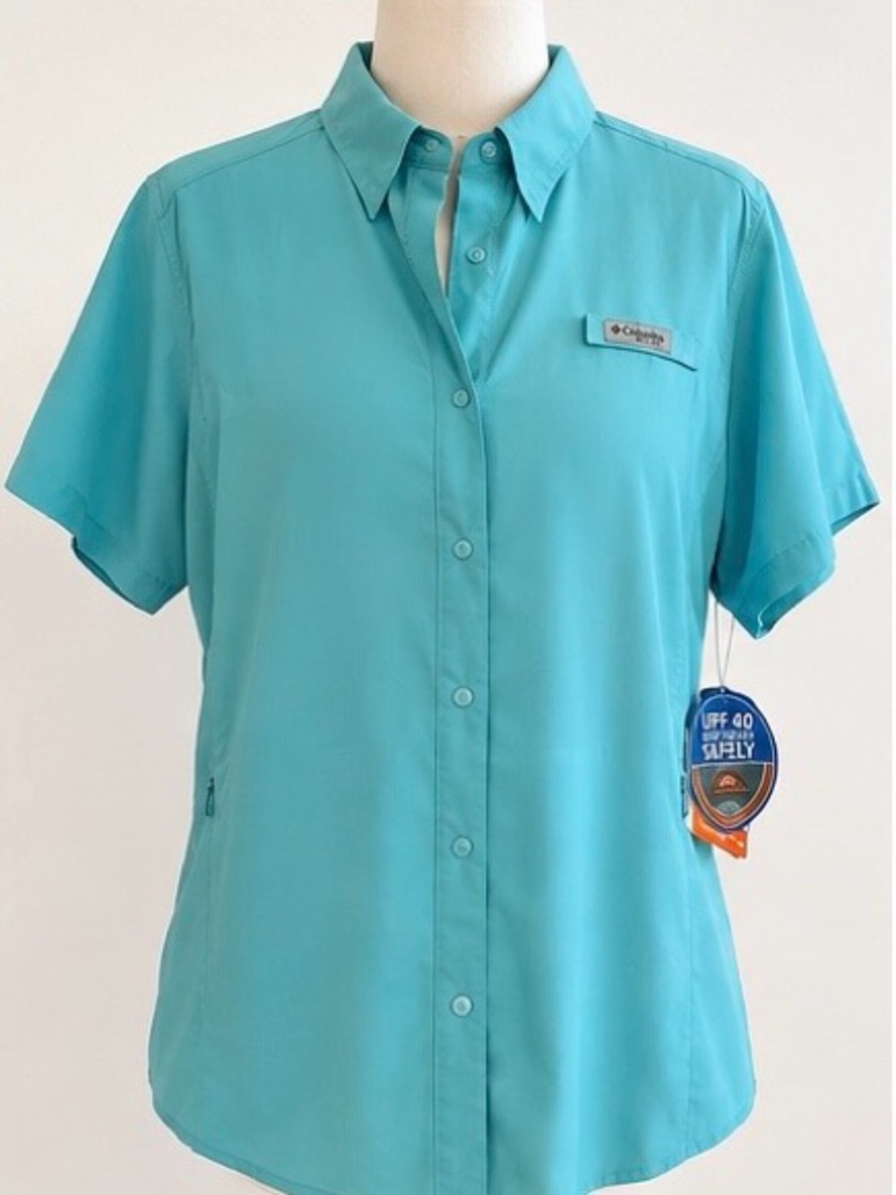 COLUMBIA PFG WOMENS FISHING SHIRT-UPF 40 SHORT SLEEVE-AQUA BLUE- L